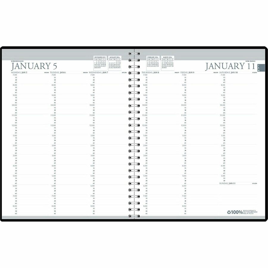 House of Doolittle Black Professional Weekly Planner - Julian Dates - Weekly - January 2024 - December 2024 - 7:00 AM to 8:45 PM - Quarter-hourly - 1 Week Double Page Layout - 8 1/2" x 11" Sheet Size - Simulated Leather - Black - 1 Each