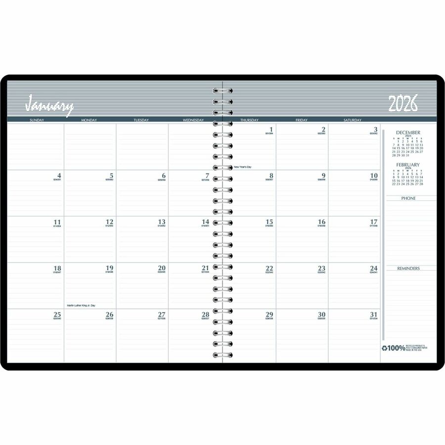 House of Doolittle Doolittle 24-month Large Planner - Monthly - 24 Month - January 2024 - December 2024 - 1 Month Double Page Layout - 8 1/2" x 11" Sheet Size - 2.13" x 1.88" Block - Wire Bound - Simulated Leather - Black - Notes Area, Reference Calendar - 1 Each