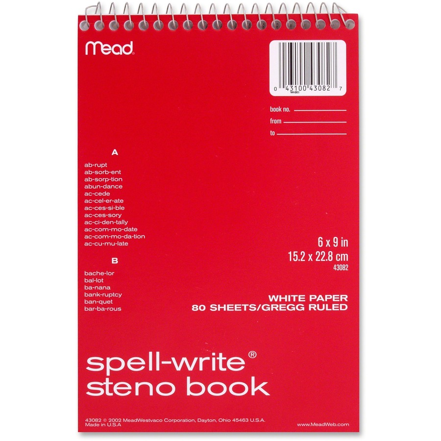 Mead Spell-Write Steno Book - 80 Sheets - 6" x 9" - White Paper - 1 Each