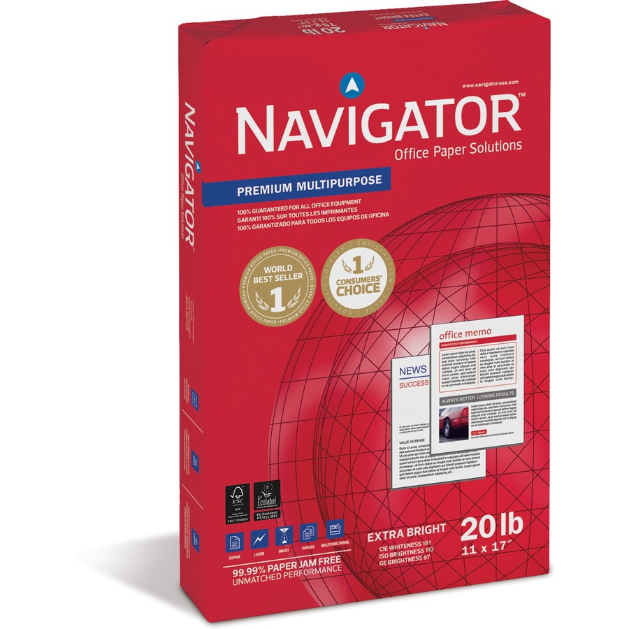 Navigator Premium Multipurpose Trusted Performance Paper - Extra Opacity - White - 97 Brightness11" x 17" - 20 lb Basis Weight - Smooth - 5 / Carton - Jam-free