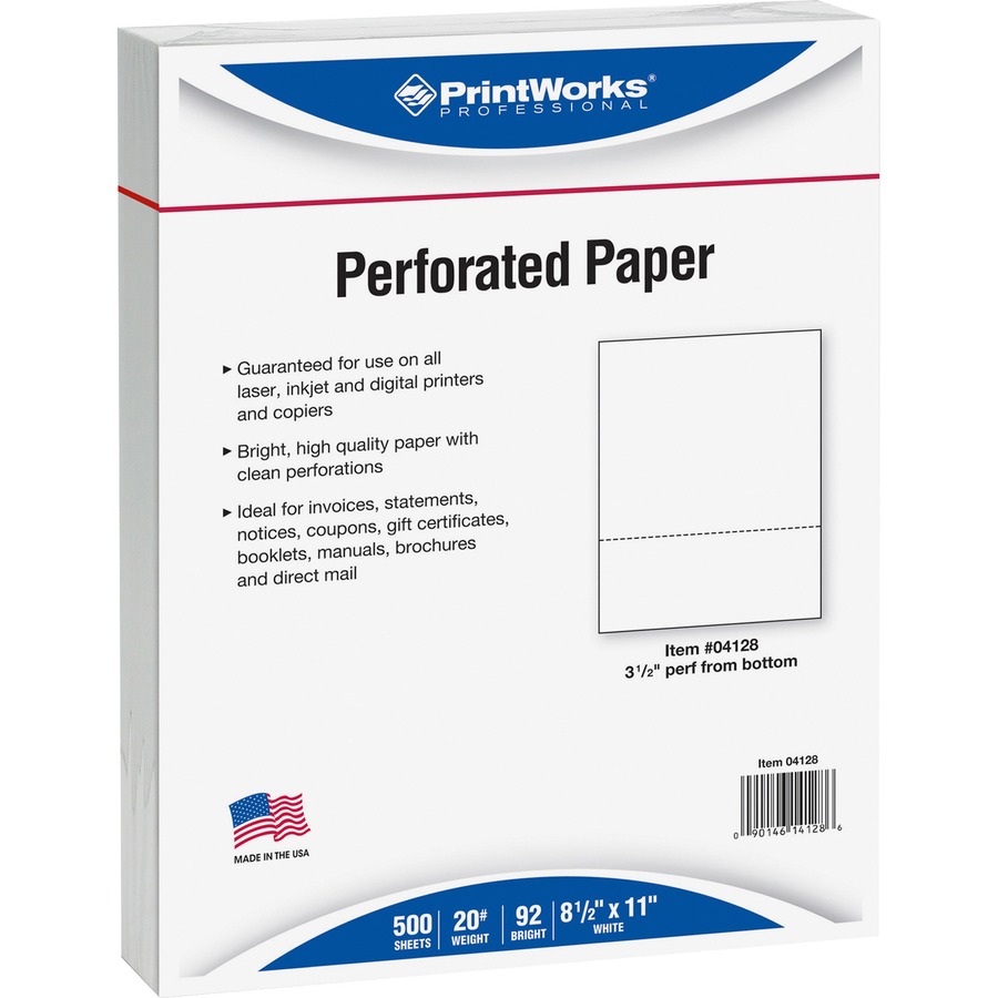 PrintWorks Professional Pre-Perforated Paper for Invoices, Statements, Gift Certificates & More - Letter - 8 1/2" x 11" - 20 lb Basis Weight - 500 / Ream - Perforated