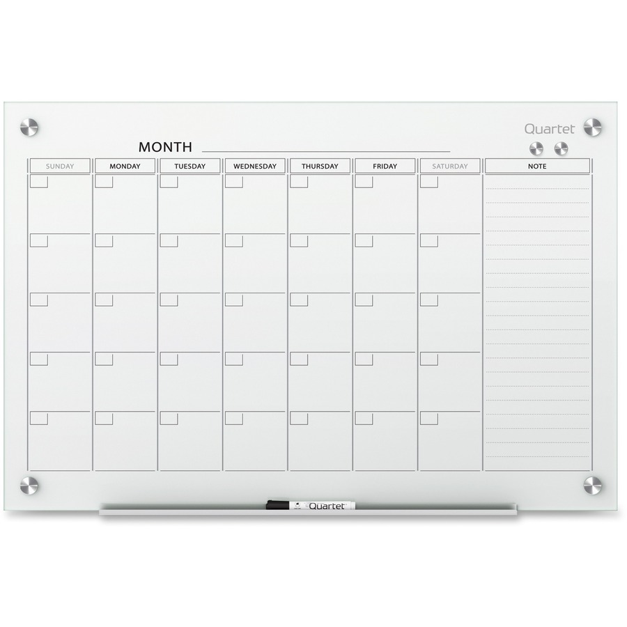 Quartet Infinity Glass Dry-Erase Calendar Board - Monthly - 1 Month - White - Tempered Glass - 24" Height x 36" Width - Magnetic, Durable, Stain Resistant, Ghost Resistant, Scratch Resistant, Dent Resistant, Dry Erase Surface, Notes Area, Reusable - 1 Each