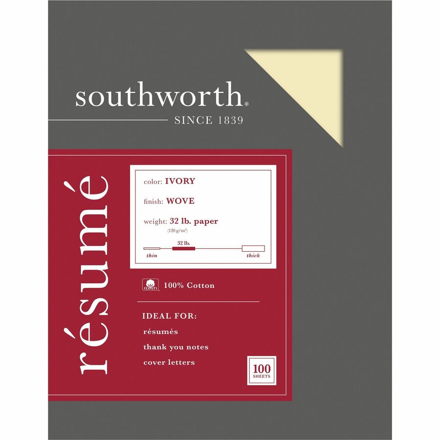 Southworth 100% Cotton Resume Paper - Letter - 8 1/2" x 11" - 32 lb Basis Weight - Wove - 1 / Box - Acid-free, Watermarked