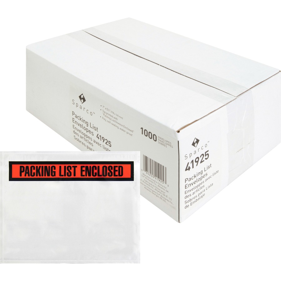 Sparco Pre-labeled Packing Slip Envelope - Packing List - 7" Width x 5 1/2" Length - 70 g/m² - Self-adhesive Seal - Paper, Low Density Polyethylene (LDPE) - 1000 / Box - White