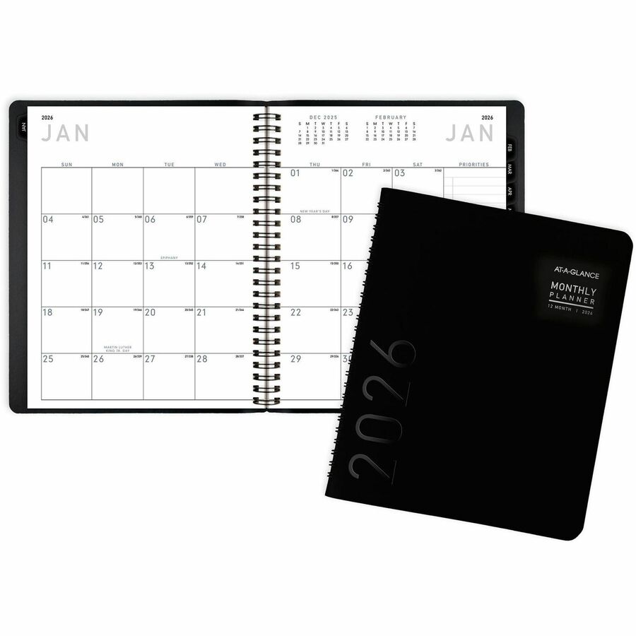 At-A-Glance Contemporary Monthly Planner - Julian Dates - Monthly - 1 Year - January 2024 - December 2024 - 1 Month Double Page Layout - 6 7/8" x 8 3/4" Sheet Size - Wire Bound - Desktop - Paper, Simulated Leather - Black - 9.1" Height x 7.5" Width - Textured Cover, Reference Calendar, Notes Area - 1 Each