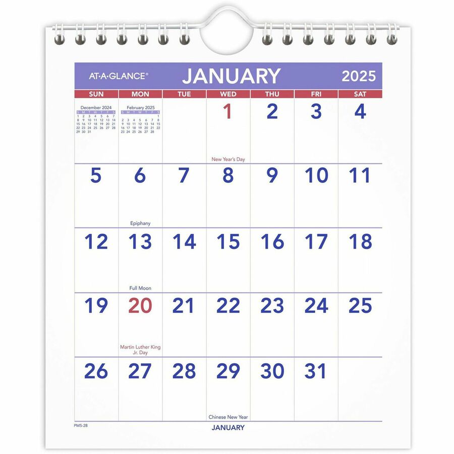 At-A-Glance Mini Wall/Desk Monthly Calendar - Julian Dates - Monthly - 12 Month - January 2024 - December 2024 - 1 Month Single Page Layout - 6 1/2" x 7 1/2" Sheet Size - Wire Bound - Desk - White - Paper - Reference Calendar, Easel - 1 Each