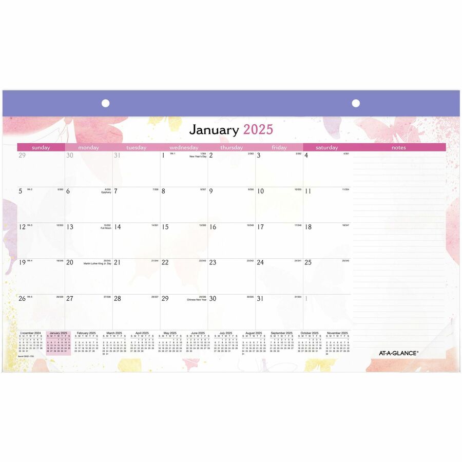 At-A-Glance Watercolors Monthly Desk Pad - Julian Dates - Monthly - 12 Month - January 2024 - December 2024 - 1 Month Single Page Layout - 17 3/4" x 11" Sheet Size - 1.75" x 2" Block - Headband - Desk Pad - Clear, Blue - Poly - Notepad, Reference Calendar, Perforated, Appointment Schedule - 1 Each