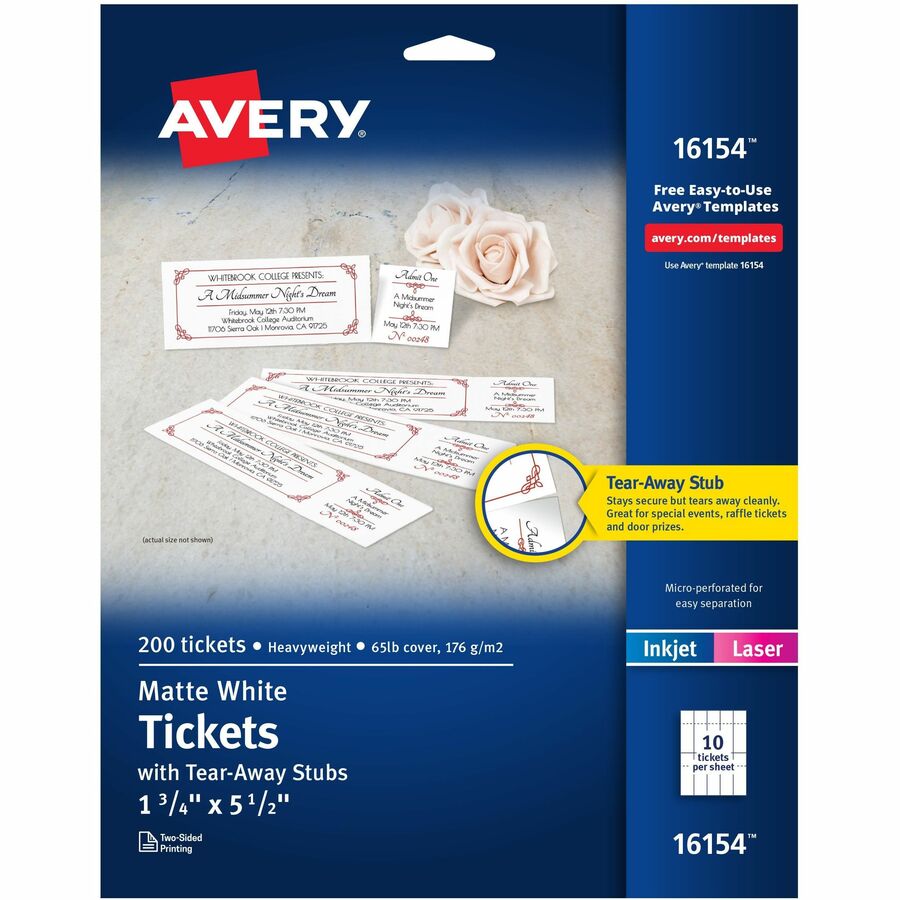 Avery® Blank Tickets with Tear-Away Stubs - 1 3/4" x 5 1/2" Length - Laser, Inkjet - Matte White - 20 / Sheet - 200 / Pack