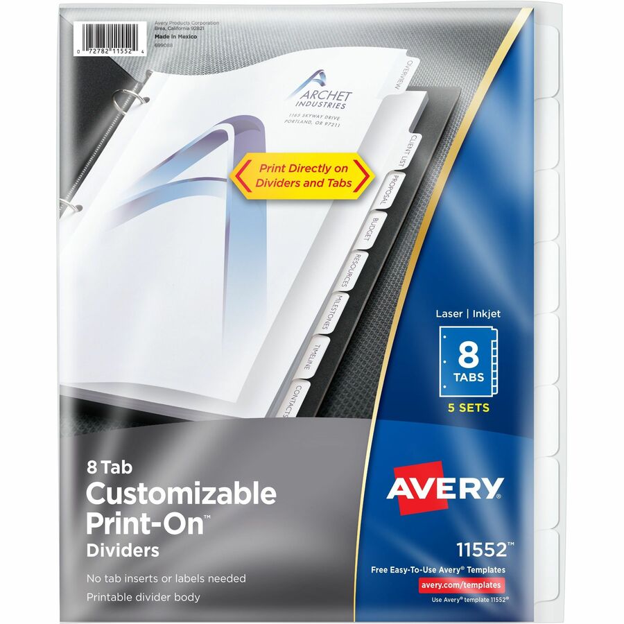 Avery® Customizable Print-On Dividers - 40 x Divider(s) - Print-on Tab(s) - 8 - 8 Tab(s)/Set - 8.5" Divider Width x 11" Divider Length - 3 Hole Punched - White Paper Divider - White Paper Tab(s) - 1 / Pack