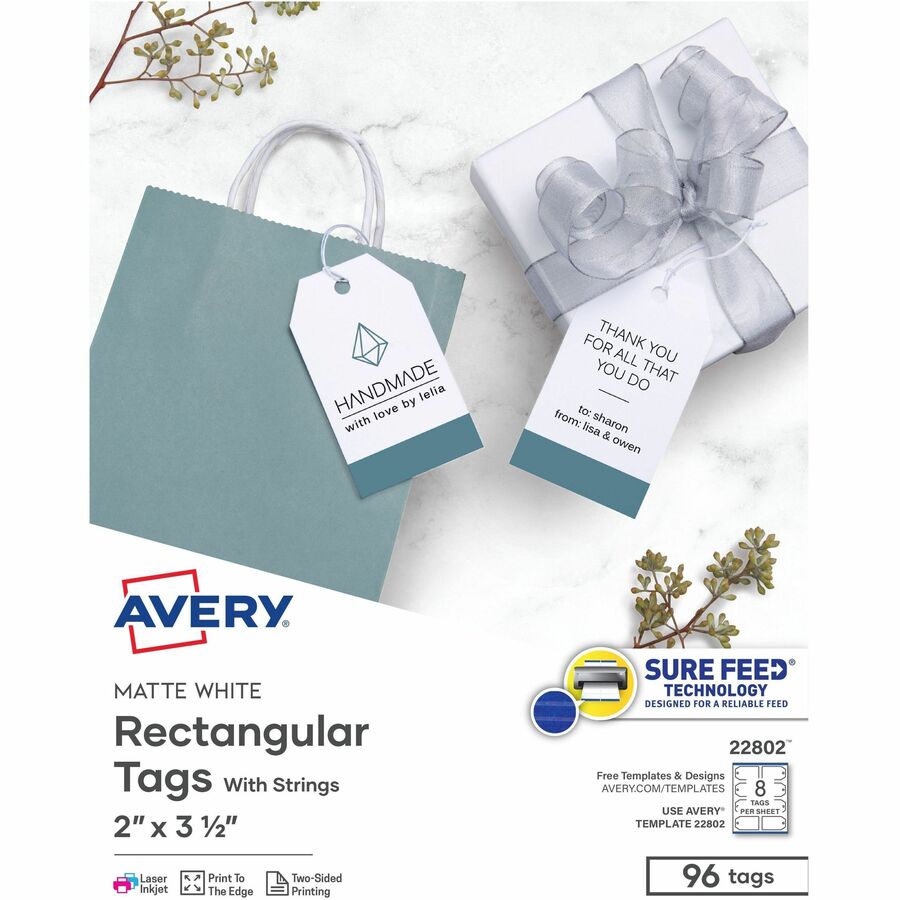 Avery® Printable Tags with String - 2" Length x 3.50" Width - Rectangular - String Fastener - 96 / Pack - Card Stock - White, Matte White
