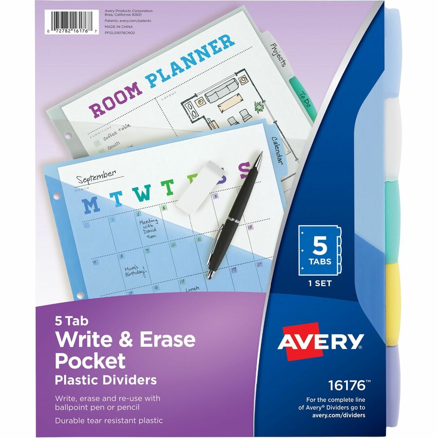 Avery® Write & Erase Durable Plastic Dividers w/Pockets, 5-tab, Multicolor - 5 x Divider(s) - 5 Write-on Tab(s) - 5 - 5 Tab(s)/Set - 9.3" Divider Width x 11.13" Divider Length - 3 Hole Punched - Multicolor Plastic Divider - Multicolor Plastic Tab(s) - 1