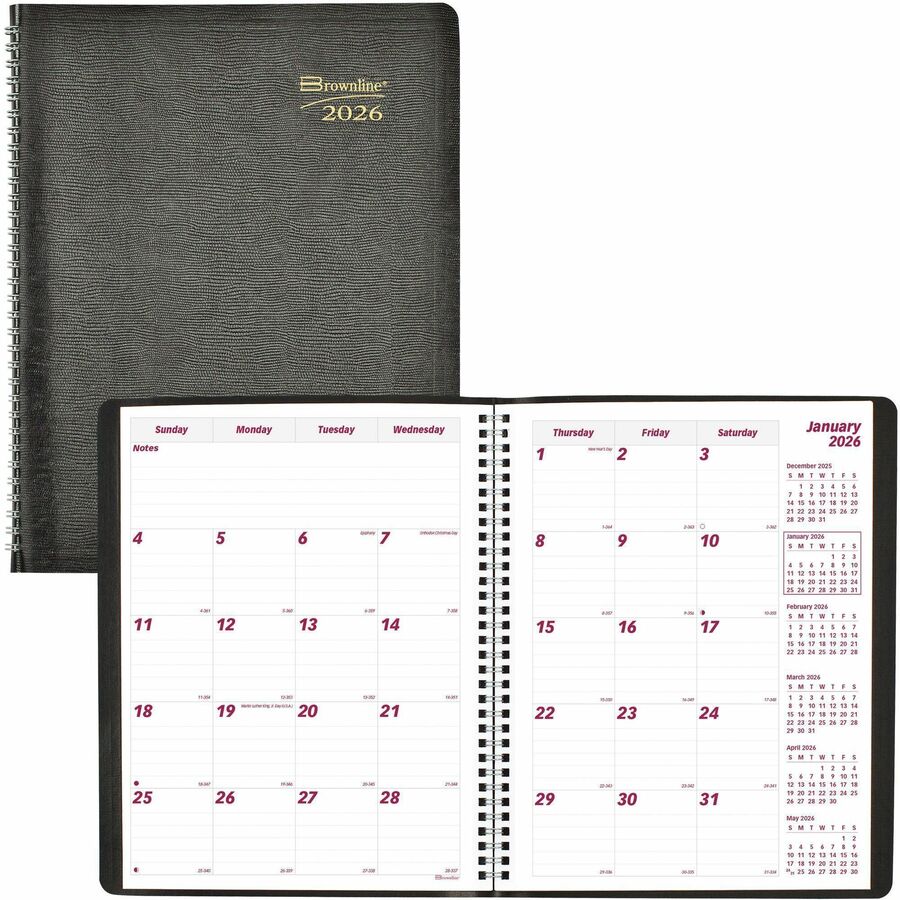 Brownline Monthly Planner - Julian Dates - Monthly - 14 Month - December 2023 - January 2025 - 1 Month Double Page Layout - 8 1/2" x 11" Sheet Size - Twin Wire - Black - Vinyl - Black - Notes Area, Reference Calendar, Address & Phone Page - 1 Each