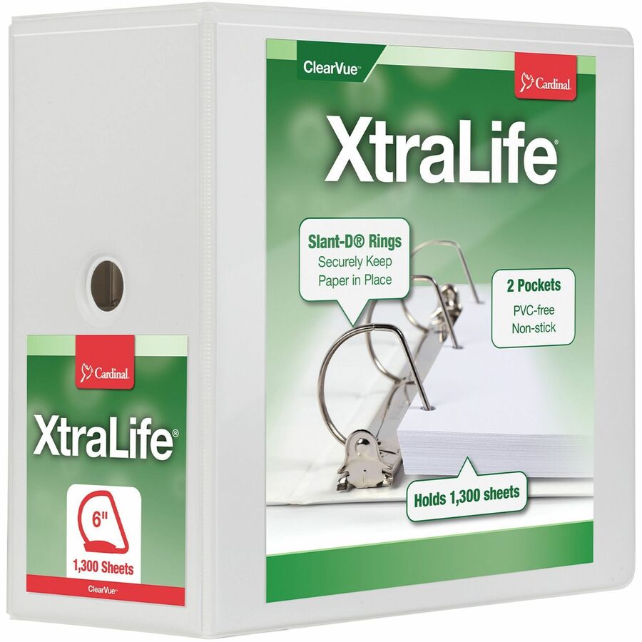 Cardinal Xtralife ClearVue Locking Slant-D Binders - 6" Binder Capacity - Letter - 8 1/2" x 11" Sheet Size - 1300 Sheet Capacity - 5 1/2" Spine Width - 3 x D-Ring Fastener(s) - 2 Inside Front & Back Pocket(s) - Polyolefin - White - 2.25 lb - Recycled - Non-stick, PVC-free, Cold Resistant, Crack Resistant, Locking Ring, Clear Overlay - 1 Each