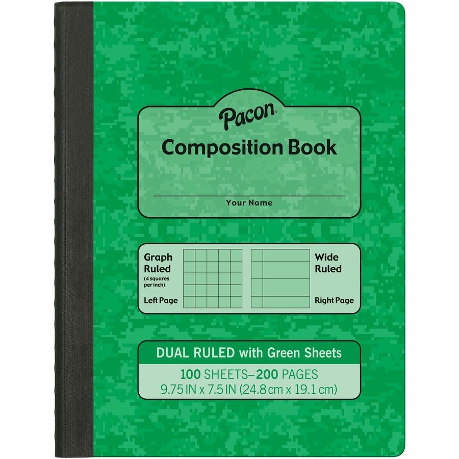 Pacon Dual Ruled Composition Book - Plain - Quad Ruled, Wide Ruled - 9.75" x 7.5" x 0.5" - Green Cover - 24 / Carton