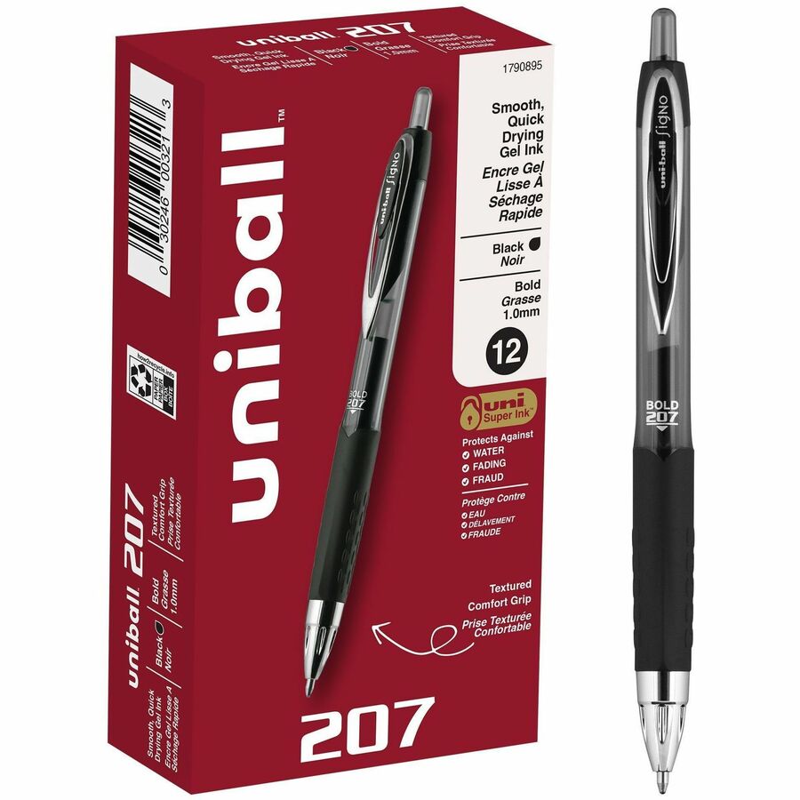 uniball™ 207 Gel Pen - Bold Pen Point - 1 mm Pen Point Size - Refillable - Retractable - Black Gel-based Ink - Clear Barrel - 1 Dozen
