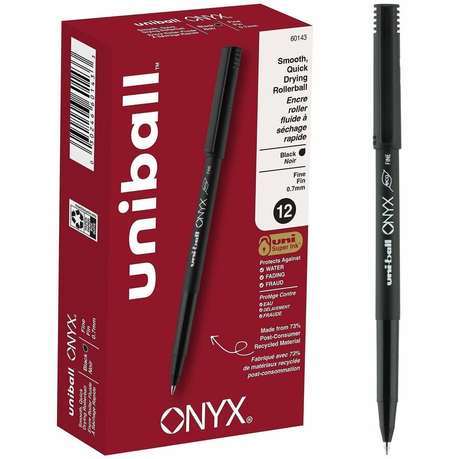 uniball™ Onyx Rollerball Pens - Fine Pen Point - 0.7 mm Pen Point Size - Conical Pen Point Style - Black Dye-based Ink - Matte Black Barrel - Metal Tip - 1 Dozen