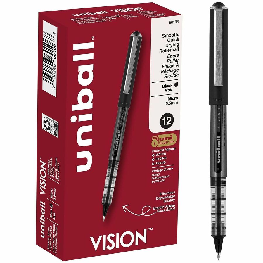 uniball™ Vision Rollerball Pens - Micro Pen Point - 0.5 mm Pen Point Size - Black Pigment-based Ink - 1 Dozen