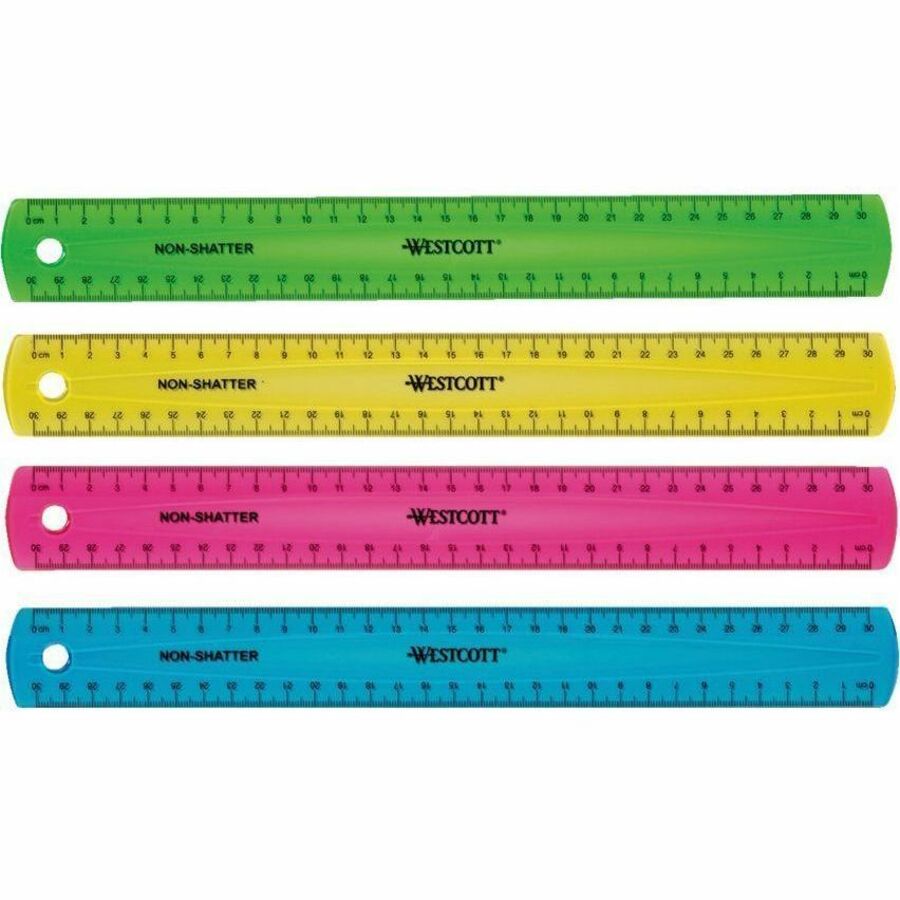 Westcott Shatterproof Ruler - 12" Length - 1/16 Graduations - Metric Measuring System - 1 Each - Translucent Assorted