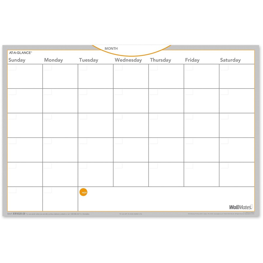 At-A-Glance WallMates Monthly Planning Surface - Monthly - 12" x 18" Sheet Size - White - Reference Calendar, Self-adhesive, Adhesive Backing, Residue-free, Dry Erase Surface - 1 Each