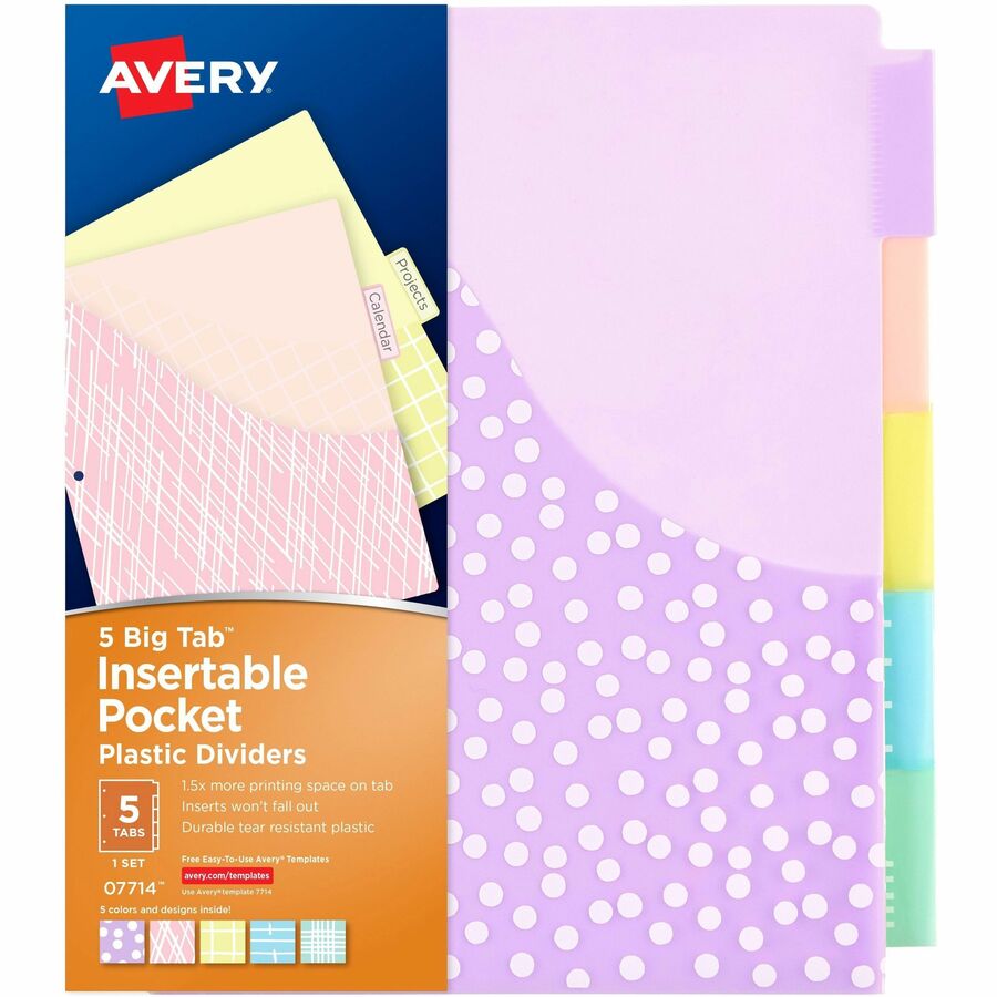 Avery® Big Tab Pocket Plastic Insertable Dividers - Fashion Designs - 5 x Divider(s) - 5 - 5 Tab(s)/Set - 9.3" Divider Width x 11.13" Divider Length - 3 Hole Punched - Multicolor Plastic Divider - Multicolor Plastic Tab(s) - 2