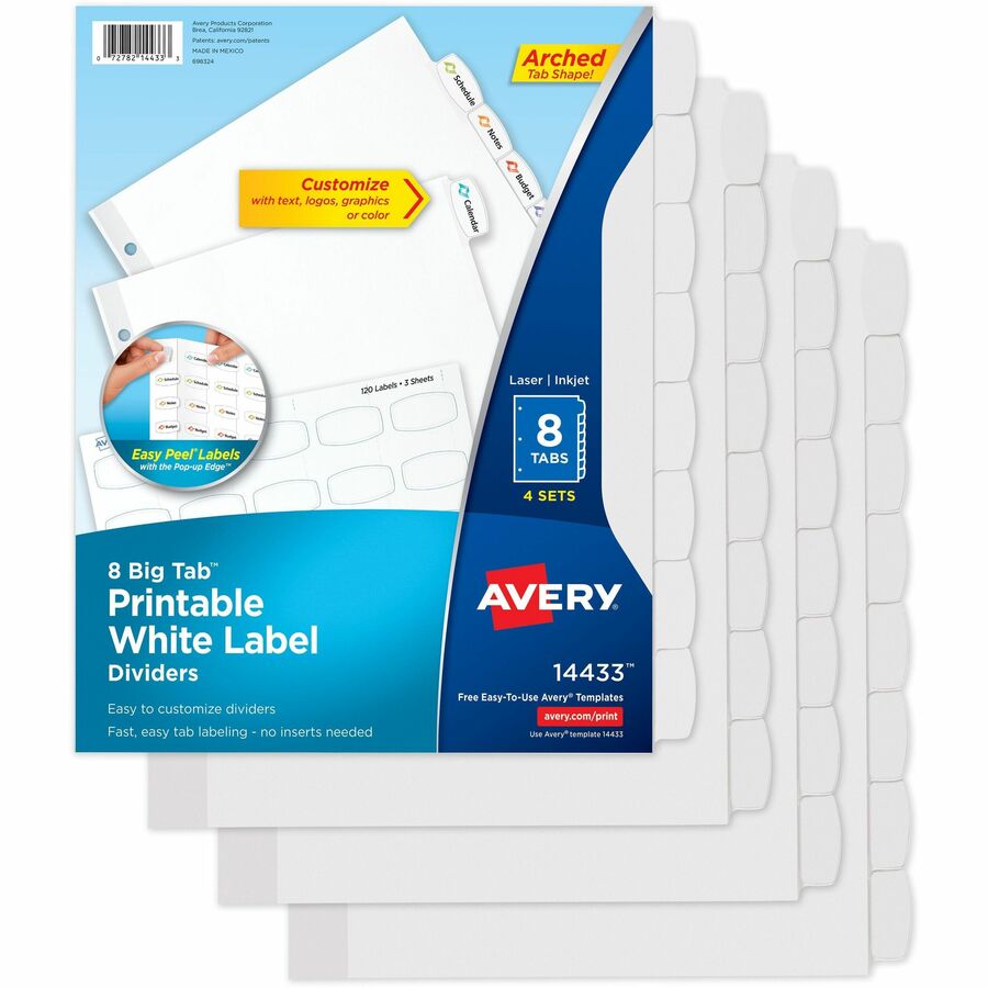 Avery® Big Tab Printable Label Dividers, Easy Peel Labels, 8 Tabs - 32 x Divider(s) - 8 - 8 Tab(s)/Set - 8.5" Divider Width x 11" Divider Length - 3 Hole Punched - White Paper Divider - White Paper Tab(s) - 4 / Pack