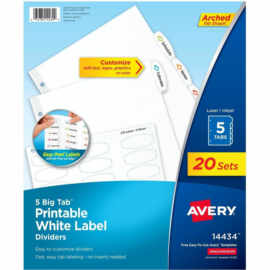 Avery® Big Tab Printable White Label Dividers - 100 x Divider(s) - 5 - 5 Tab(s)/Set - 8.5" Divider Width x 11" Divider Length - 3 Hole Punched - White Paper Divider - White Paper Tab(s) - 20 / Box
