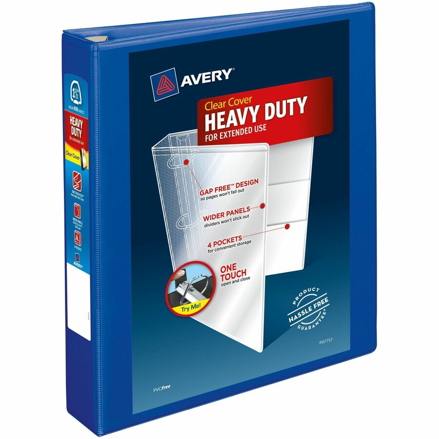 Avery® Heavy-Duty View Binders - Locking One Touch EZD Rings - 1 1/2" Binder Capacity - Letter - 8 1/2" x 11" Sheet Size - 400 Sheet Capacity - Ring Fastener(s) - 4 Pocket(s) - Polypropylene - Recycled - Cover, Spine, Divider, One Touch Ring, Gap-free Ring, Non-stick, Heavy Duty, Pocket, Locking Ring - 1 Each