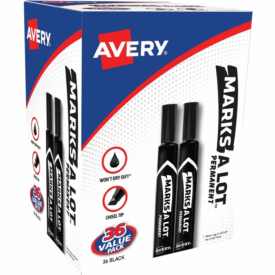 Avery® Marks A Lot Permanent Markers - Large Desk-Style Size - 4.7625 mm Marker Point Size - Chisel Marker Point Style - Black - 36 / Box