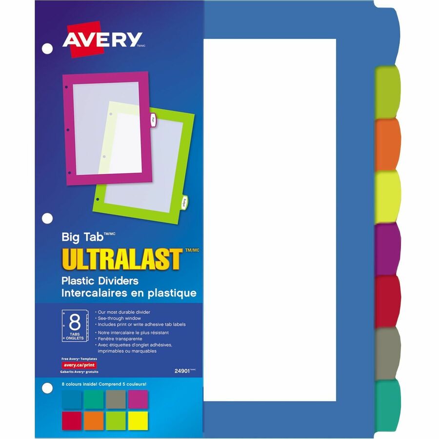 Avery® Ultralast Big Tab Plastic Dividers - 8 x Divider(s) - 8 Write-on Tab(s) - 8 - 8 Tab(s)/Set - 8.5" Divider Width x 11" Divider Length - 3 Hole Punched - Multicolor Plastic Divider - Multicolor Plastic Tab(s) - 1 Each