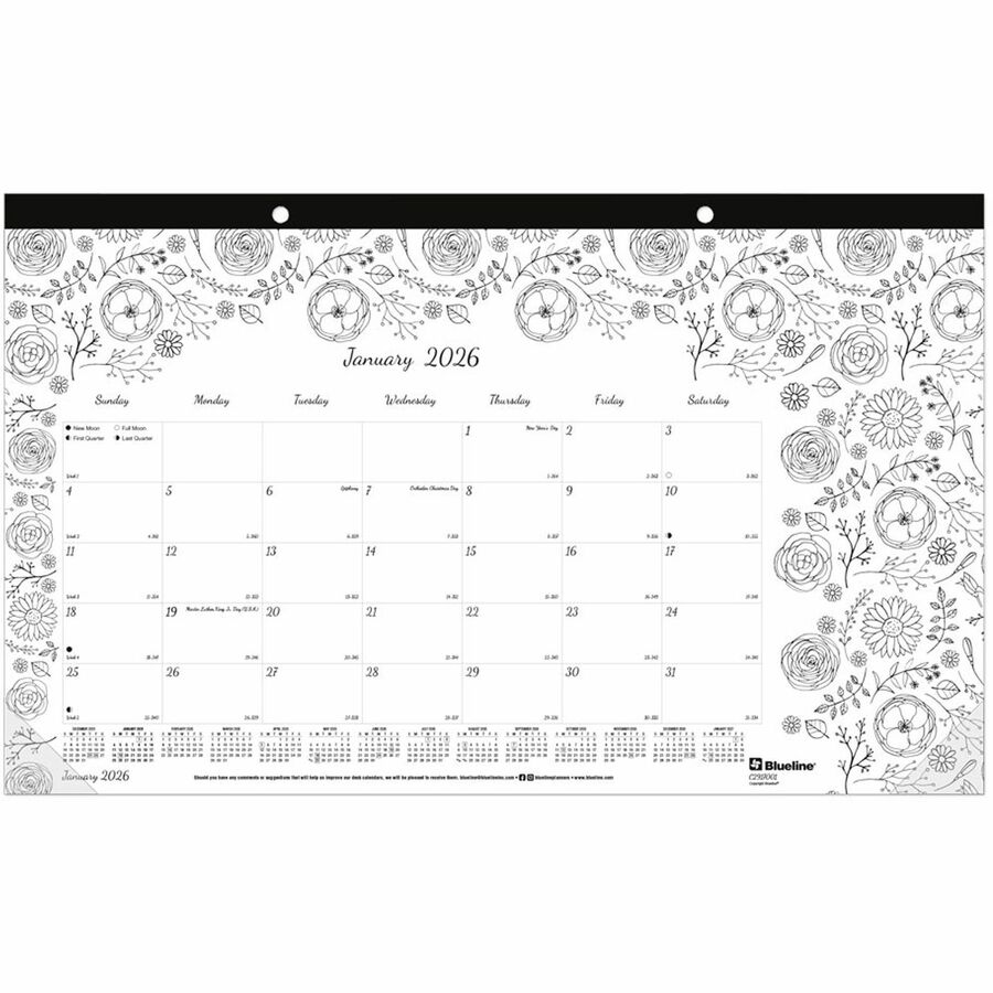 Blueline DoodlePlan Compact Desk Pad - Botanica - Monthly - January 2021 till December 2021 - 1Month Single Page Layout - Desk Pad - White - Chipboard - Tear-off, Notes Area, Eco-friendly, Eyelet - 17-3/4" x 10-7/8"