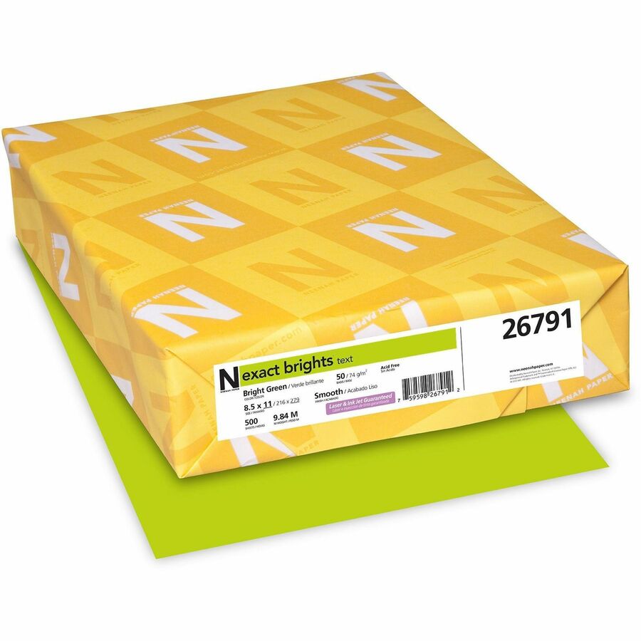 Exact Brights® Smooth Colored Paper - Green - Letter - 8 1/2" x 11" - 50 lb Basis Weight - Smooth - 500 / Pack - Printable, Lignin-free, Acid-free, Elemental Chlorine-free