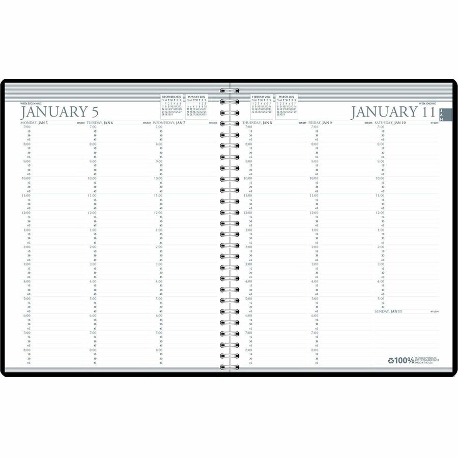 House of Doolittle House of Doolittle Professional 2-year Weekly Planner - Professional - Weekly - 24 Month - January 2024 - December 2024 - 7:00 AM to 8:45 PM - Half-hourly - 1 Week Double Page Layout - Black - Simulated Leather - 11" Height x 8.5" Width - Embossed - 1 Each