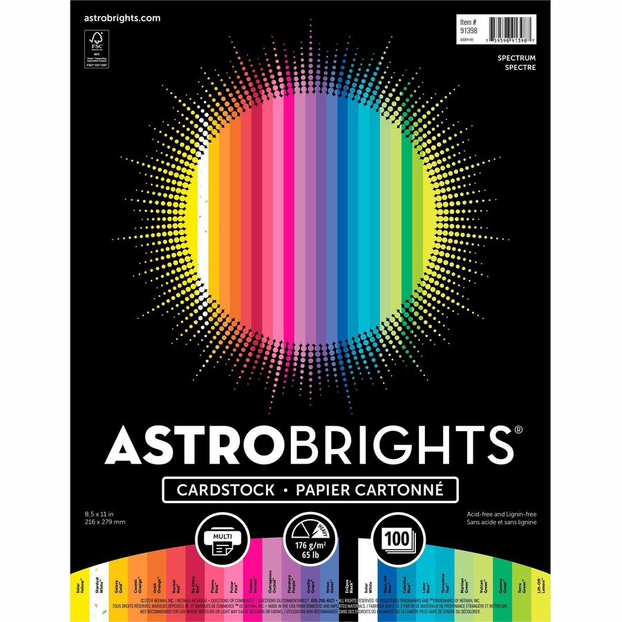 Neenah Spectrum Assortment Cardstock - Letter - 8 1/2" x 11" - 65 lb Basis Weight - 100 / Pack - Acid-free, Lignin-free