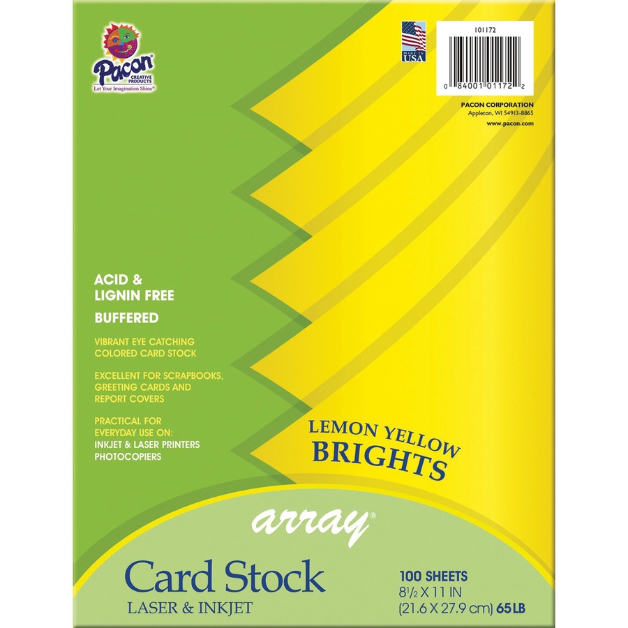 Pacon Color Brights Cardstock - Lemon Yellow - Letter - 8 1/2" x 11" - 65 lb Basis Weight - 100 / Pack - Acid-free, Recyclable, Lignin-free, Buffered