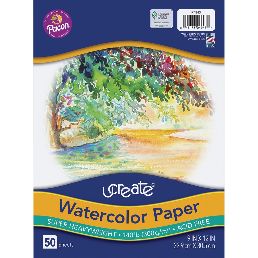 UCreate Watercolor Paper - 50 Sheets - 140 lb Basis Weight - 300 g/m² Grammage - 9" x 12" - White Paper - Acid-free, Heavyweight Sheet, Recyclable, Sturdy - 50 / Pack