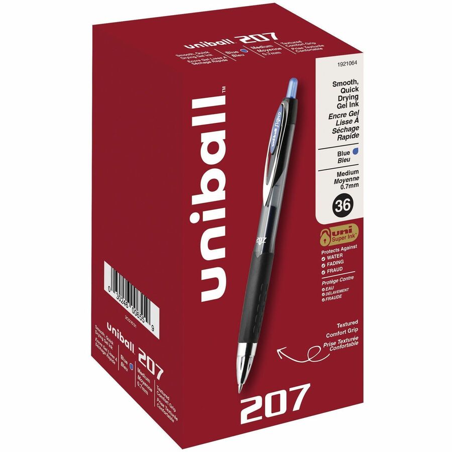 uniball™ 207 Gel Pen - Medium Pen Point - 0.7 mm Pen Point Size - Refillable - Retractable - Blue Gel-based Ink - 36 / Pack