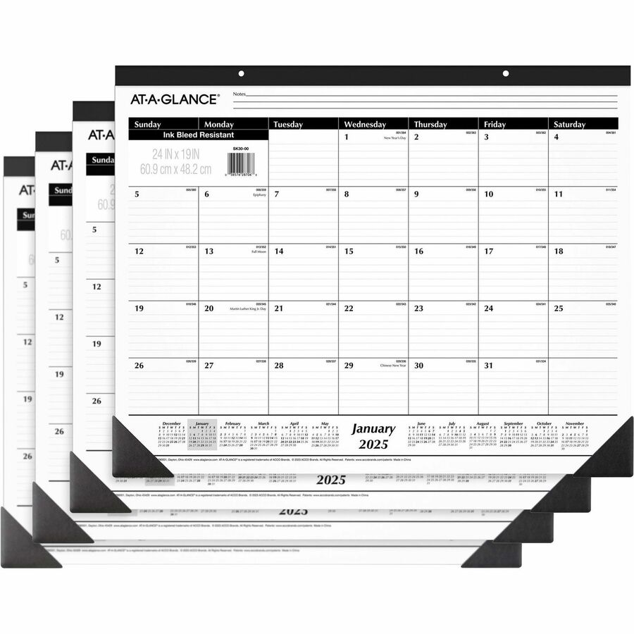 At-A-Glance Classic Monthly Desk Pad - Monthly - 1 Year - January 2024 - December 2024 - 1 Month Single Page Layout - 24" x 19" Sheet Size - Desktop - White - Paper - 4 / Bundle