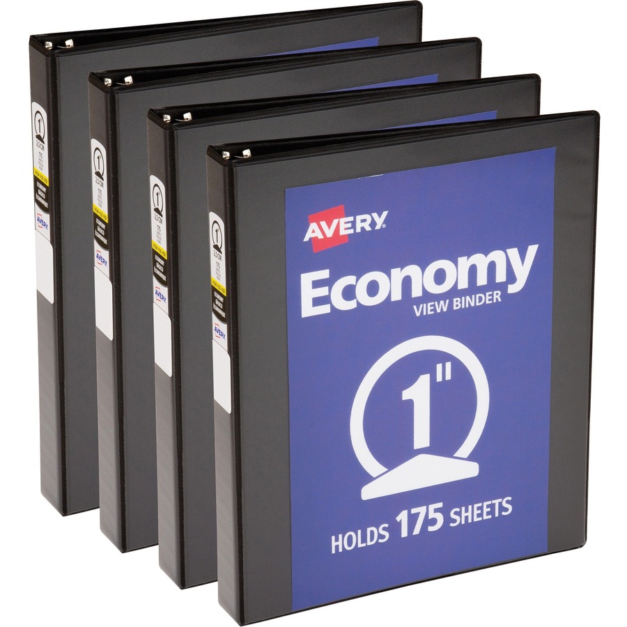 Avery® Economy View Binder - 1" Binder Capacity - Letter - 8 1/2" x 11" Sheet Size - 175 Sheet Capacity - 3 x Round Ring Fastener(s) - 2 Internal Pocket(s) - Vinyl, Chipboard - Black - 15.84 oz - Gap-free Ring, Exposed Rivet, Non Locking Mechanism, Clear Overlay - 4 / Bundle