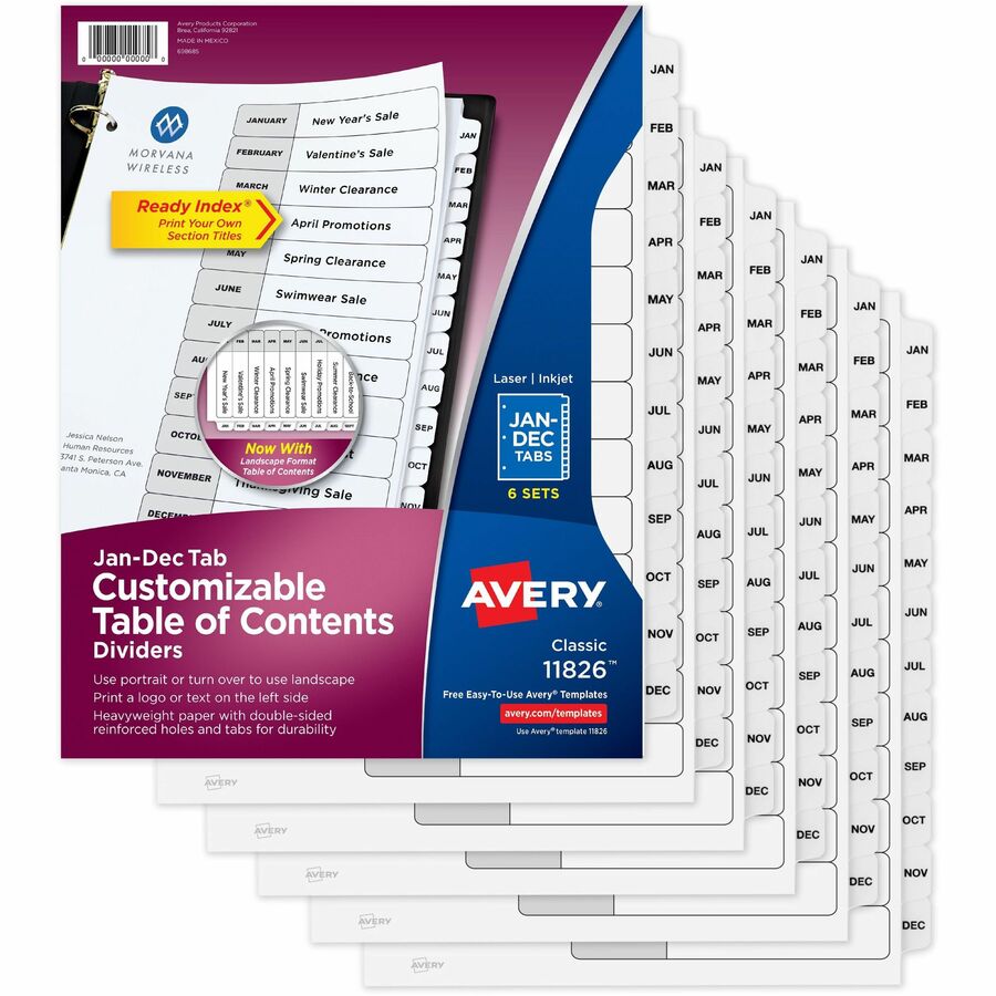 Avery® Monthly Tab Table of Contents Dividers - 72 x Divider(s) - Jan-Dec, Table of Contents - 12 Tab(s)/Set - 8.5" Divider Width x 11" Divider Length - 3 Hole Punched - White Paper Divider - White Paper Tab(s) - 6