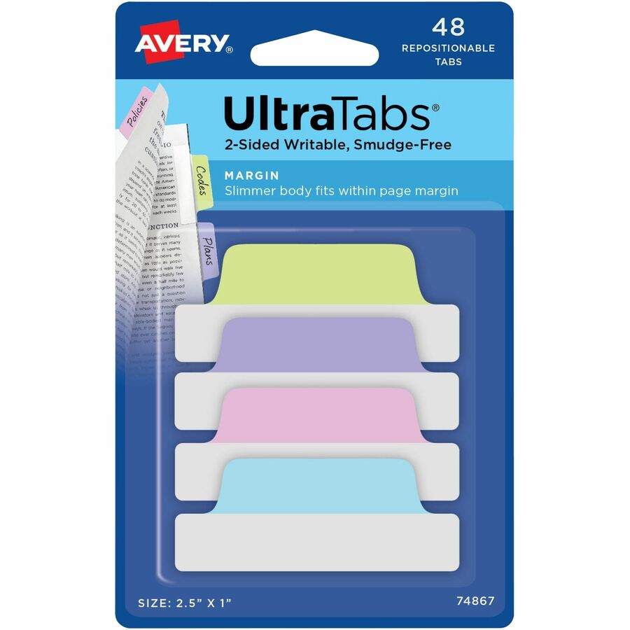 Avery® UltraTabs Repositionable Margin Tabs - 48 Tab(s) - 1" Tab Height x 2.50" Tab Width - Clear Film, Pastel Blue Paper, Pastel Pink, Pastel Purple, Pastel Green Tab(s) - 48 / Pack