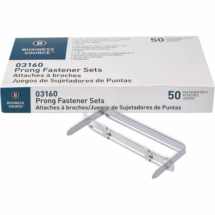 Business Source Prong Fastener - 5.5" Length x 3" Width - 1" Size Capacity - for Document, Paper - Durable, Smooth, Easy to Use - 50 / Box - Silver - Steel