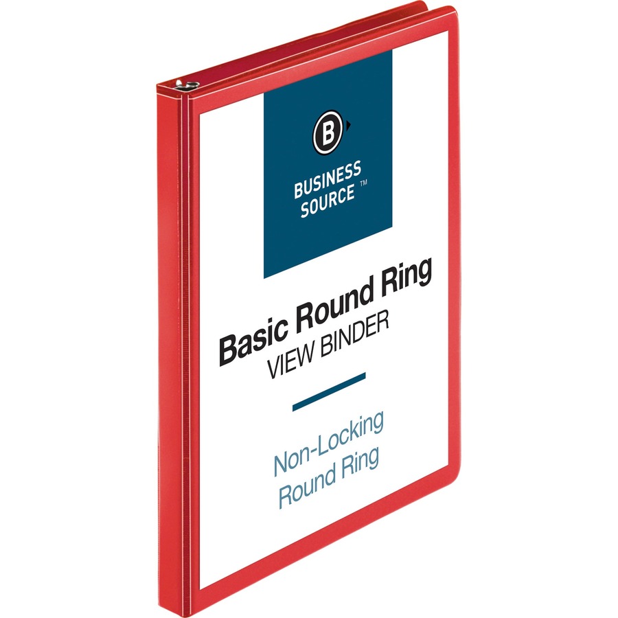 Business Source Round Ring Binder - 1/2" Binder Capacity - Round Ring Fastener(s) - 2 Internal Pocket(s) - Red - Clear Overlay, Labeling Area - 1 Each