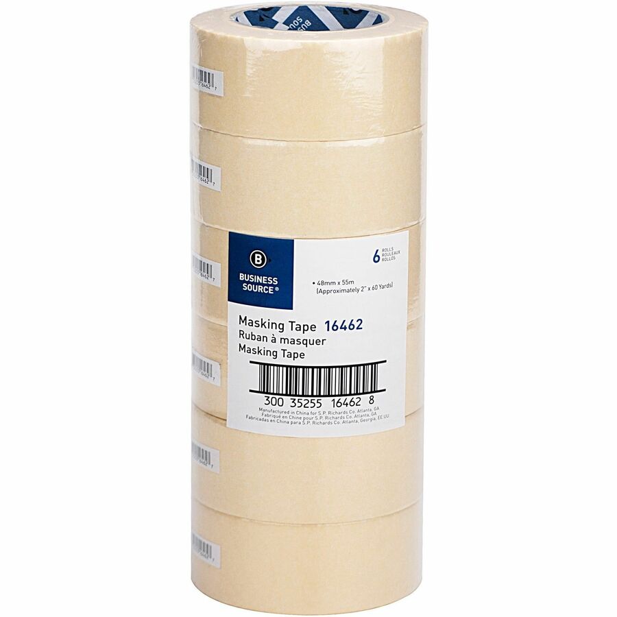 Business Source Utility-purpose Masking Tape - 60 yd Length x 2" Width - 3" Core - Crepe Paper Backing - 6 / Pack - Tan