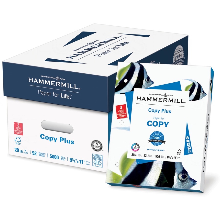 Hammermill Copy Plus 3HP Paper - White - 92 Brightness - Letter - 8 1/2" x 11" - 20 lb Basis Weight - 10 / Carton - FSC - Acid-free, Pre-punched, Quick Drying