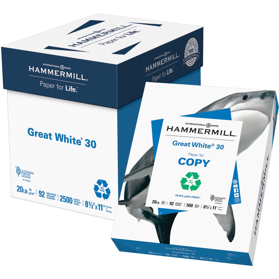 Hammermill Great White 30 Copy Paper - White - 92 Brightness - Letter - 8 1/2" x 11" - 20 lb Basis Weight - 75 g/m² Grammage - 5 / Carton - Acid-free, Moisture Resistant, Jam-free
