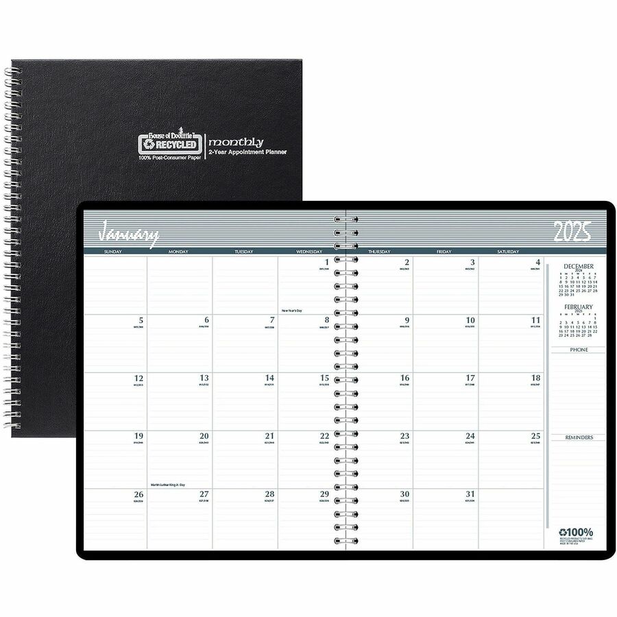 House of Doolittle Monthly Calendar Planner 2 Year Black Hard Cover 8-1/2 x 11 Inches - Julian Dates - Monthly - 24 Month - January 2024 - December 2024 - 1 Month Double Page Layout - Blue Sheet - Wire Bound - Silver - Leatherette - Black - 8.5" Height x 11" Width - Time Zone, Recyclable, Holiday Listing, Reference Calendar, Notes Area - 1 Each