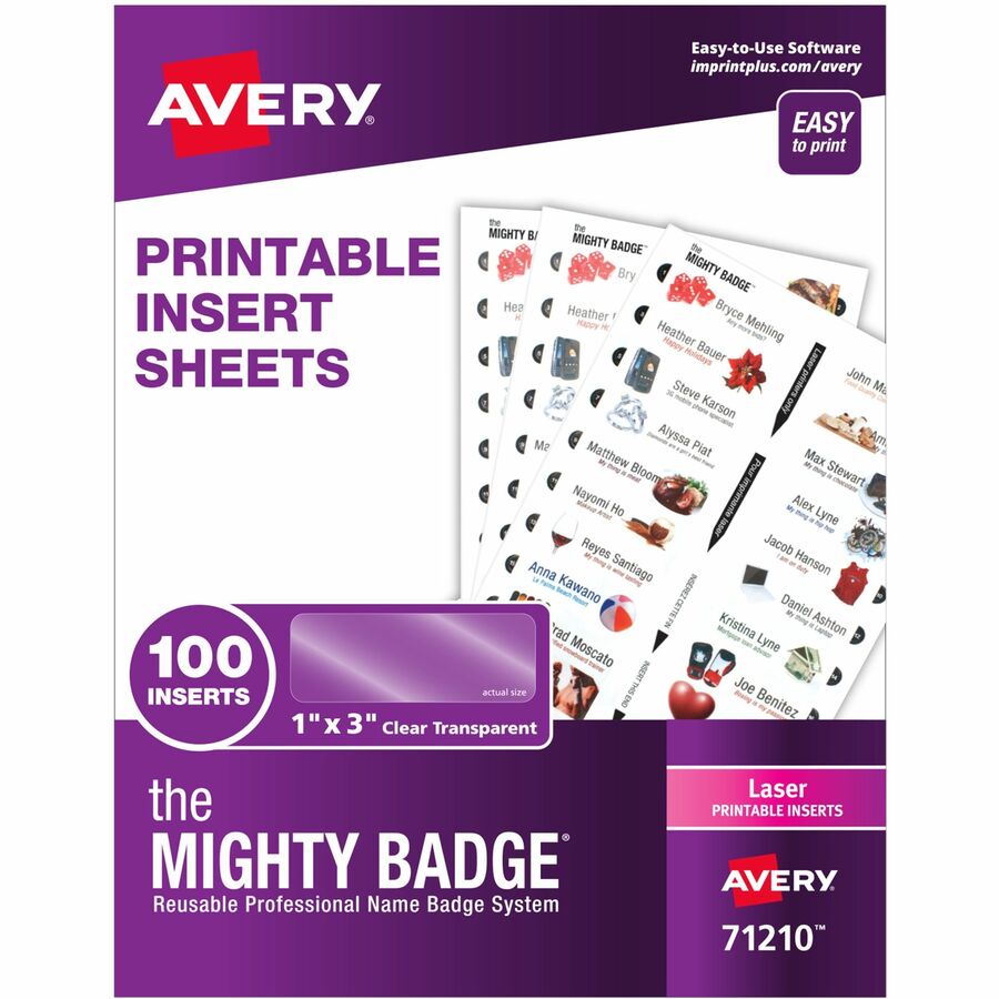The Mighty Badge® The Mighty Badge Printable Insert Sheets, 100 Clear Inserts, Laser - 1" x 3" - 100 / Pack - Printable, Non-adhesive, Easy Peel, Reusable