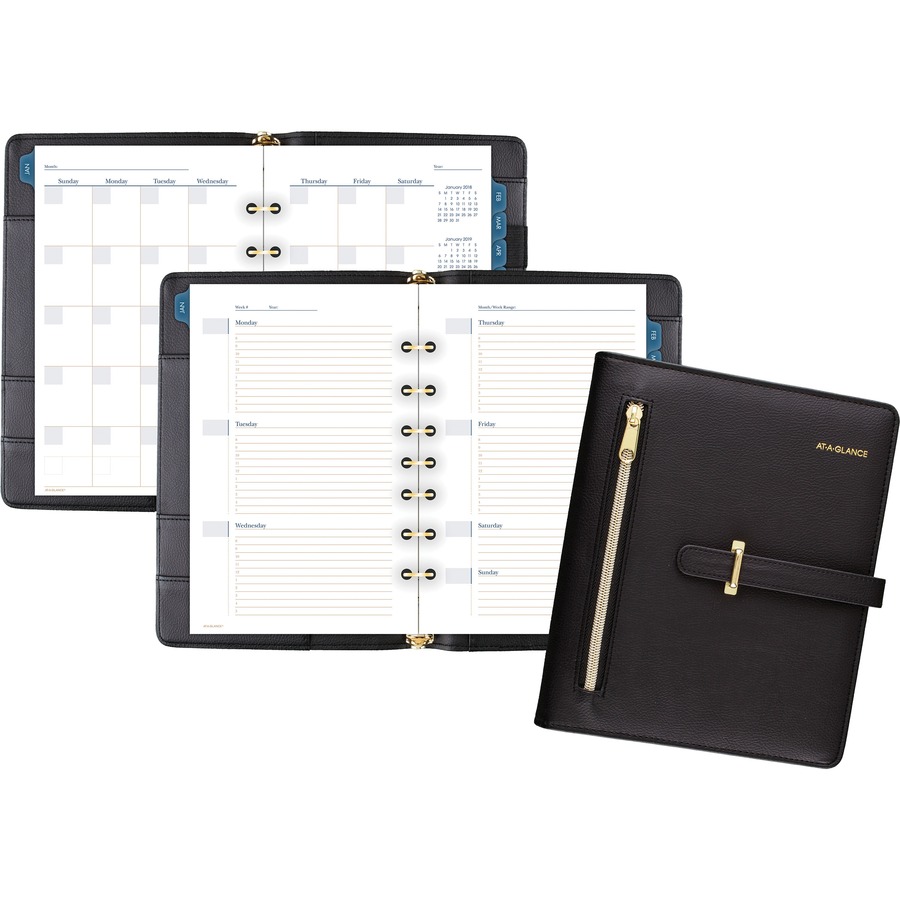 At-A-Glance Buckle Closure Undated Desk Start Set - Julian Dates - Weekly, Monthly - 8:00 AM to 5:00 PM - 1 Month, 1 Week Double Page Layout - 5 1/2" x 8 1/2" Sheet Size - 7-ring - Buckle Closure - Desk - Black - Faux Leather - Reference Calendar, Tab Closure, Appointment Schedule, Notes Area, Storage Pocket, Pen Loop - 1 Each