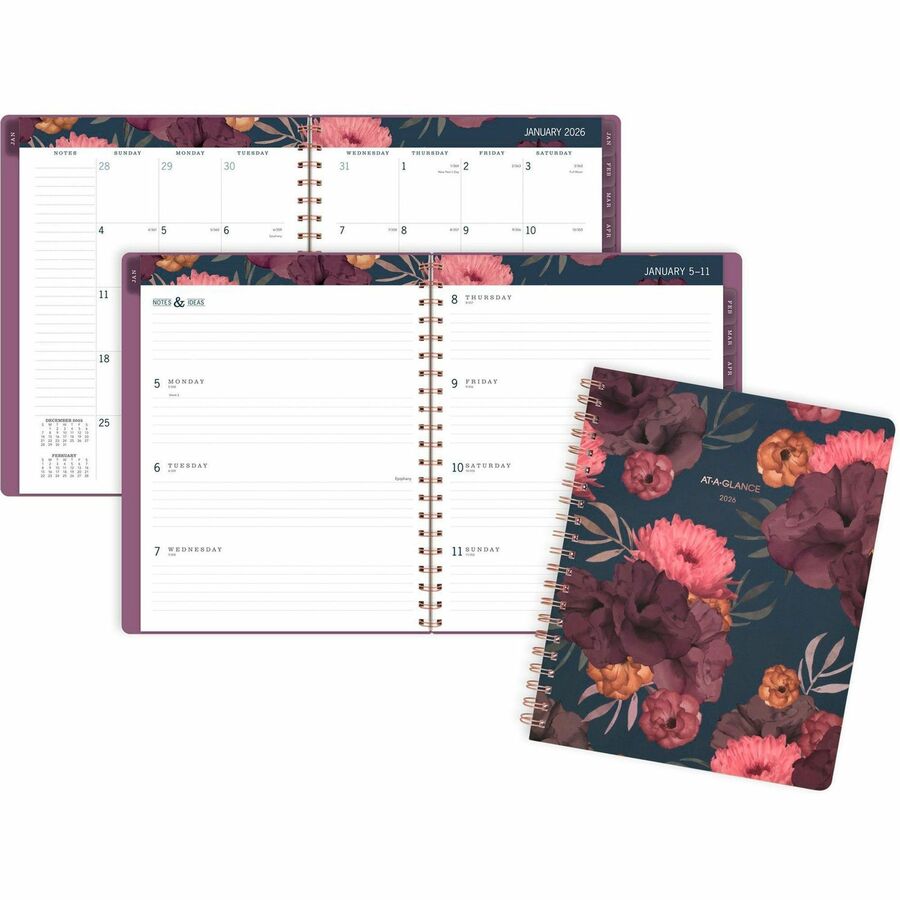 At-A-Glance Dark Romance Weekly/Monthly Planner - Large Size - Julian Dates - Weekly, Monthly - 13 Month - January - January - 1 Week, 1 Month Double Page Layout - 8 1/2" x 11" Sheet Size - Twin Wire - Floral - Dark Blue - Contact Sheet, Tabbed, Double-sided Pocket, Holiday Listing, Bleed Resistant Paper, Unruled Daily Block, Reference Calendar, Soft Cover, Notes Area - 1 Each