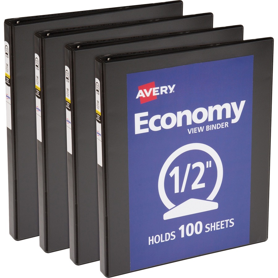 Avery® Economy View Binder - 1/2" Binder Capacity - Letter - 8 1/2" x 11" Sheet Size - 100 Sheet Capacity - 3 x Round Ring Fastener(s) - 2 Internal Pocket(s) - Vinyl, Chipboard - Black - 1 lb - Gap-free Ring, Exposed Rivet, Non Locking Mechanism, Clear Overlay - 4 / Bundle